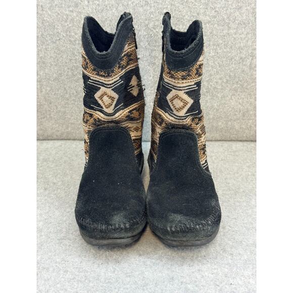 Minnetonka 1570 Baja Moccasin Mid Calf Suede Boots Black / Tan Women's 7 - Picture 2 of 10